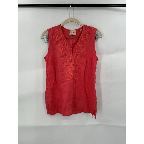 Elie Tahari Blouse Women Small Coral 100% Linen Embroidered Minimalist Coastal - Picture 1 of 9